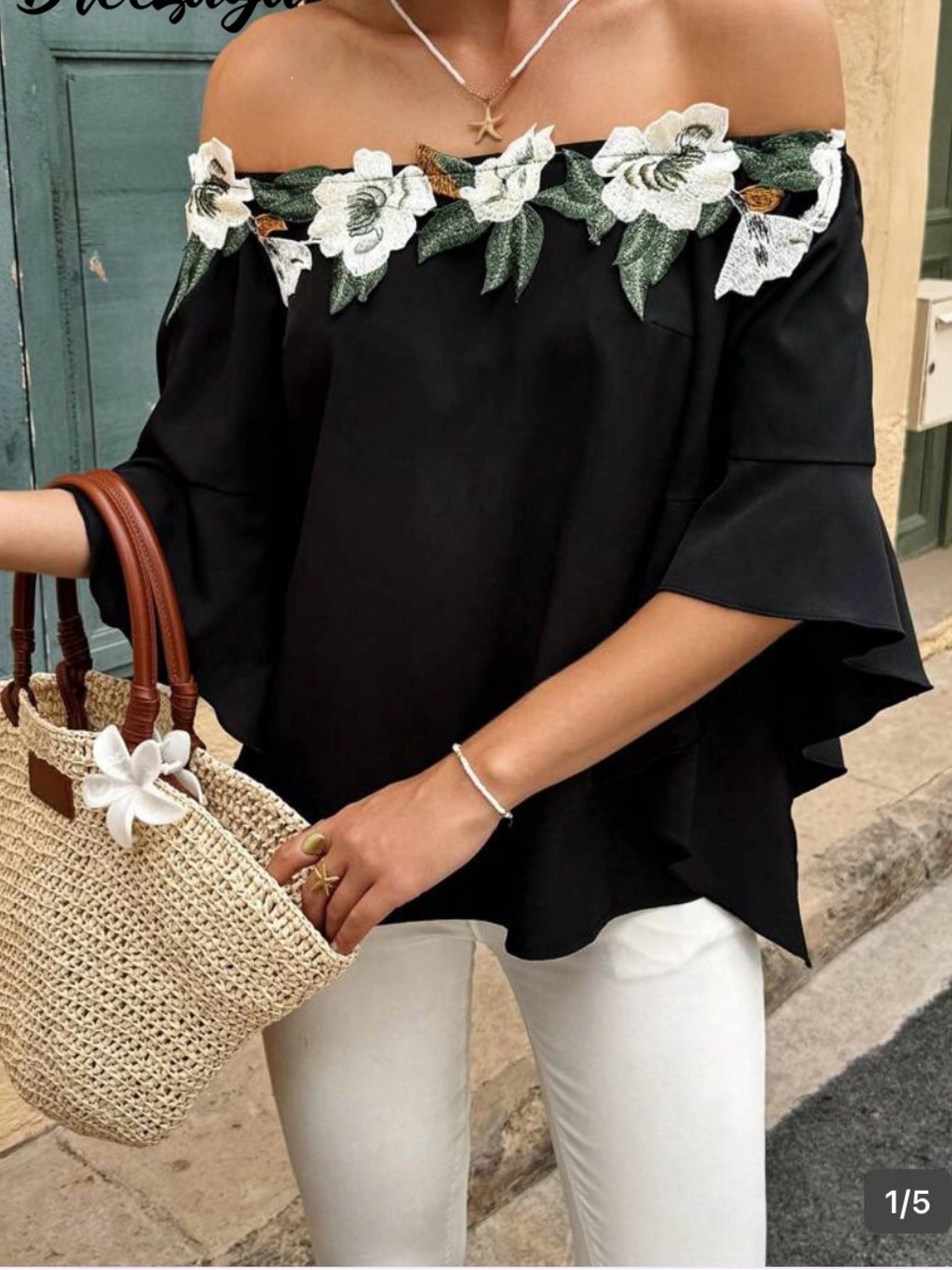 Off-Shoulder Black Floral Applique Women’s Top